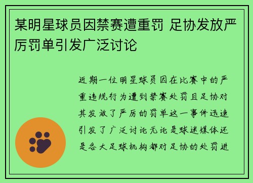 某明星球员因禁赛遭重罚 足协发放严厉罚单引发广泛讨论