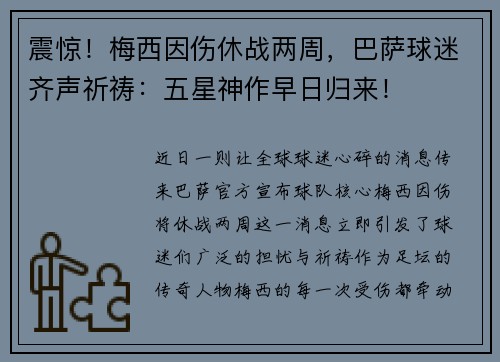 震惊！梅西因伤休战两周，巴萨球迷齐声祈祷：五星神作早日归来！