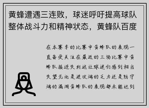 黄蜂遭遇三连败，球迷呼吁提高球队整体战斗力和精神状态，黄蜂队百度百科