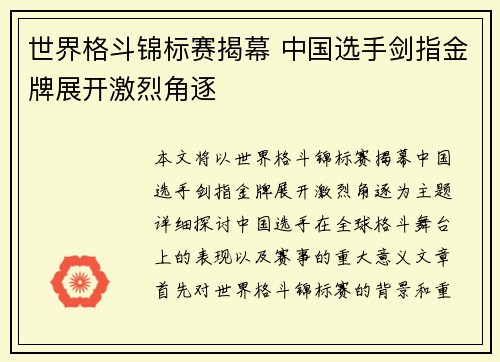 世界格斗锦标赛揭幕 中国选手剑指金牌展开激烈角逐
